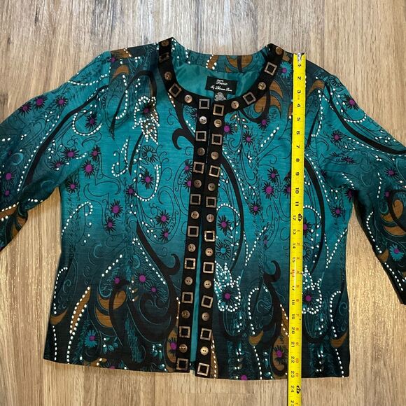 Trenz by Theresa Renz Silk Cardigan Artsy Floral Jacket Wood Buttons‎ Size Large - Picture 7 of 9